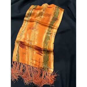 100%‎ Silk Orange Asian Fringed Rectangle Scarf Double Sided Abstract Stripe NEW